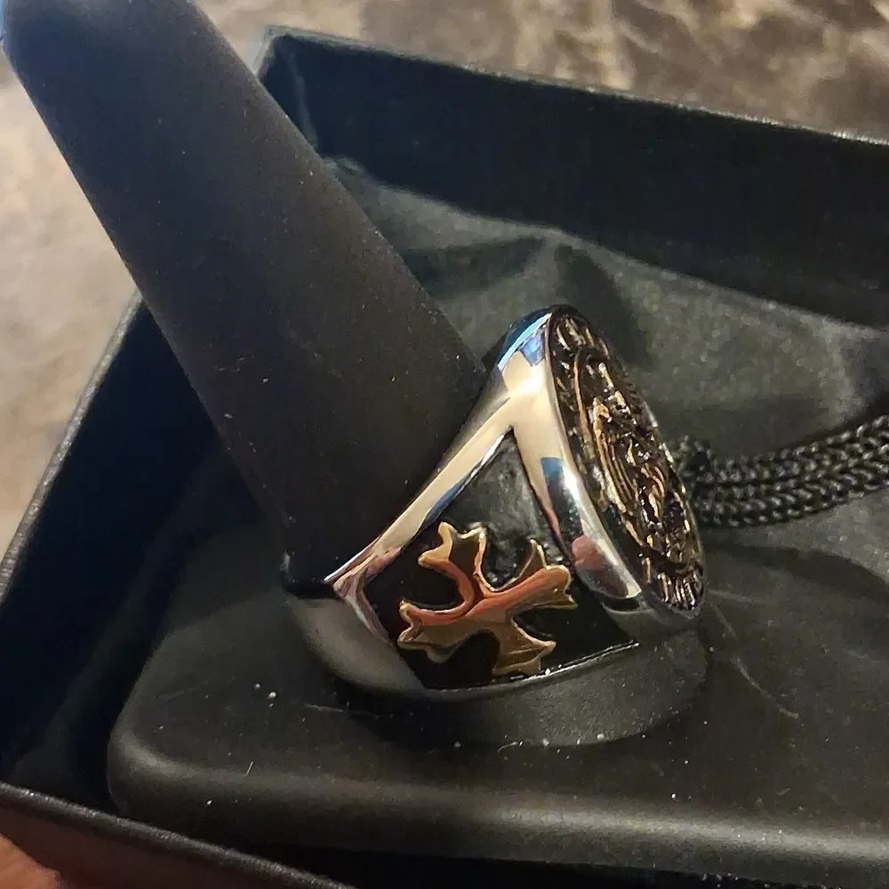 Stainless Steel St. Michael Ring - Black and Gold Size 11 Mens New In Box